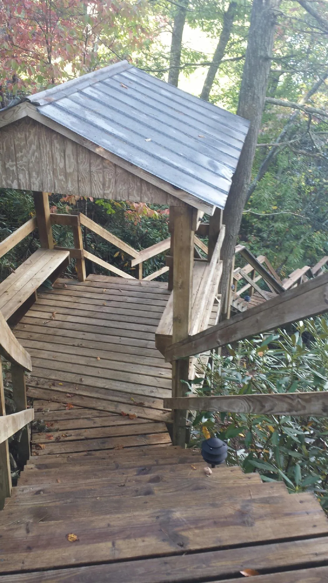 Metal roofed shelter over wooden steps on a wooded walkway — Skylight Repair & Installation work by our crew in Orofino